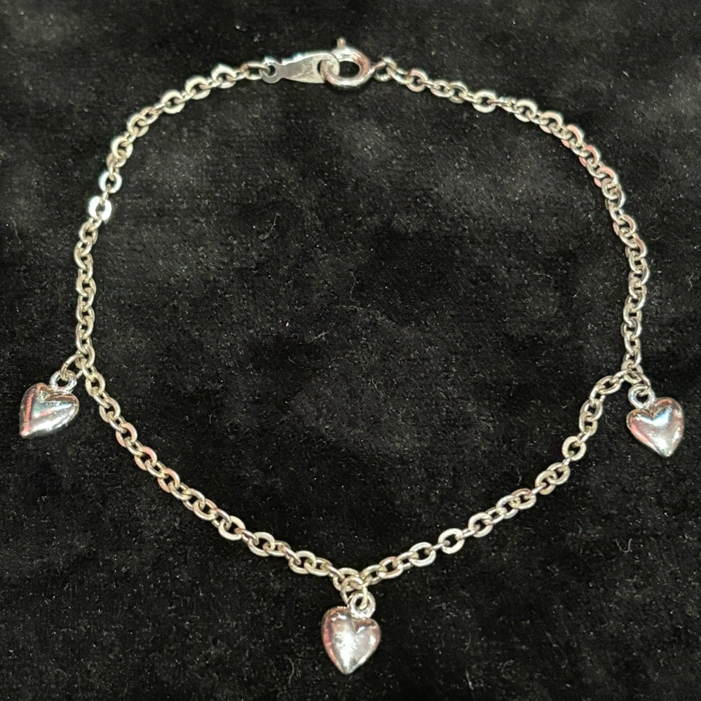 Dainty Sterling Silver Chain Link Anklet / Bracelet W/ 3 Solid Heart Pendants